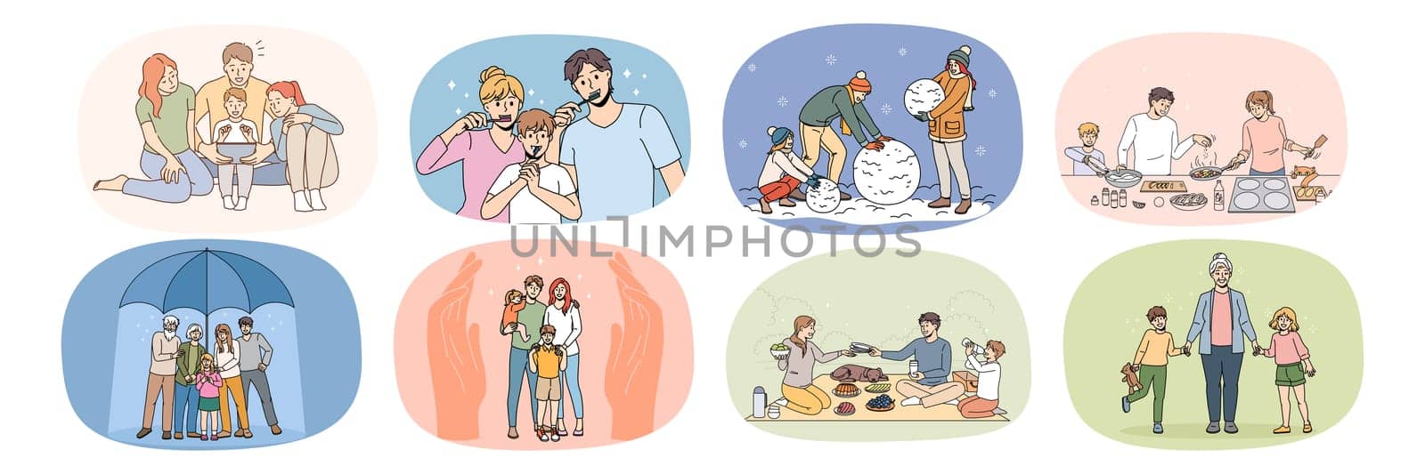 Set of happy young family with children everyday routine activity. Smiling parents with kids daily habits, brush teeth, cooking and playing together. Relative bonding and unity. Vector illustration.