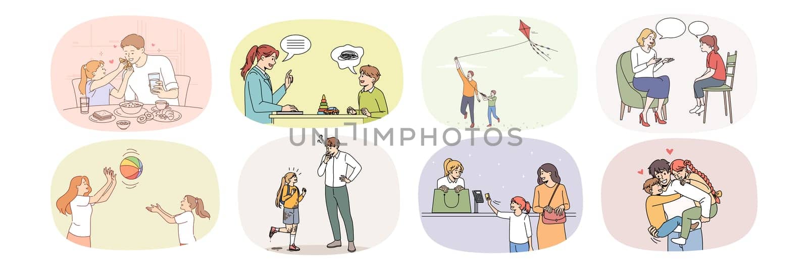 Collection of happy loving parent relax enjoy time with small child. Set of caring mother or father play rest with little teen children. Good parenthood and family relation. Vector illustration.