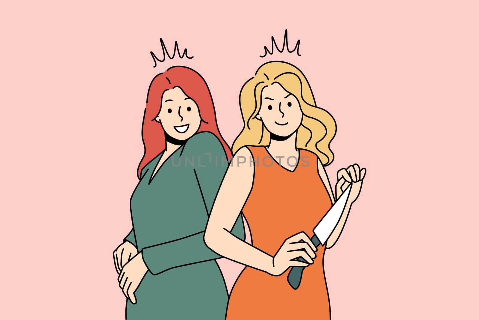 Planning murder and revenge concept. Smiling women standing holding kitchen knife trying sharpness of kitchen knife in her hands vector illustration