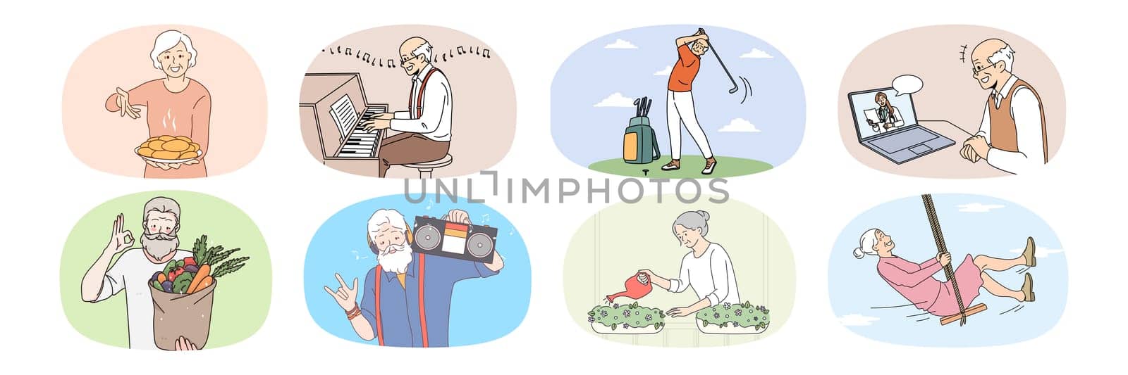 Set of active happy old people have fun relax enjoy maturity years. Collection of smiling energetic senior men and women rest on retirement. Elderly hobby and relaxation. Vector illustration.