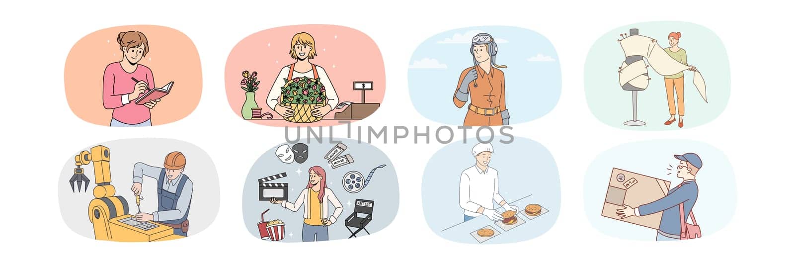 Bundle of man and woman occupations. Set of people works and jobs. Professional daily routine. Pilot and designer. Engineer, actor and deliveryman. Chef and florist. Vector illustration.