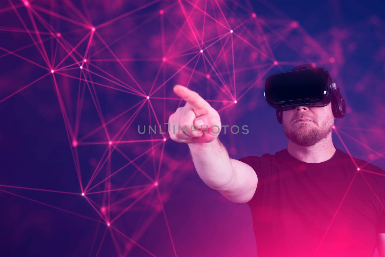 Metaverse digital cyber world technology. Man with VR glasses using AR augmented reality entertainment. NFT, game, futuristic lifestyle.