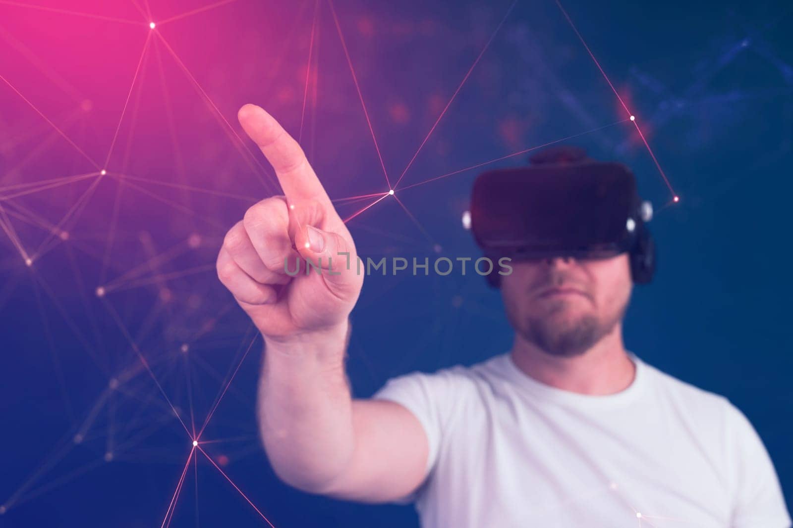 Metaverse digital cyber world technology. Man with VR glasses using AR augmented reality entertainment. NFT, game, futuristic lifestyle.