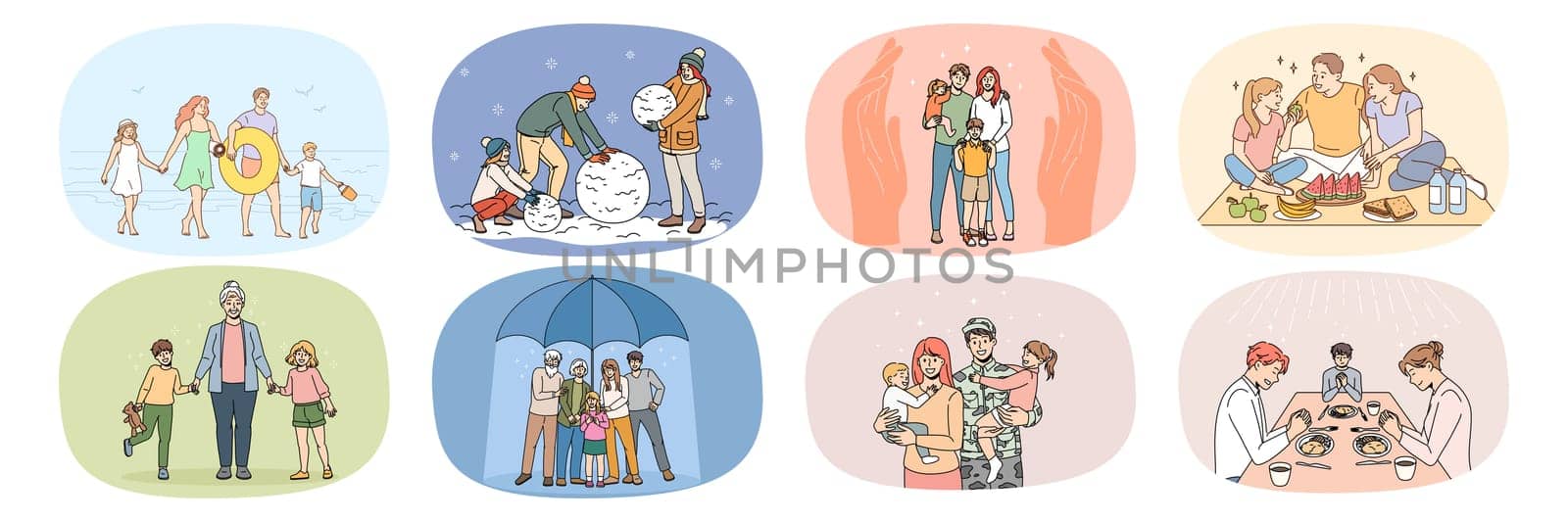 Collection of big family with kids enjoy time together