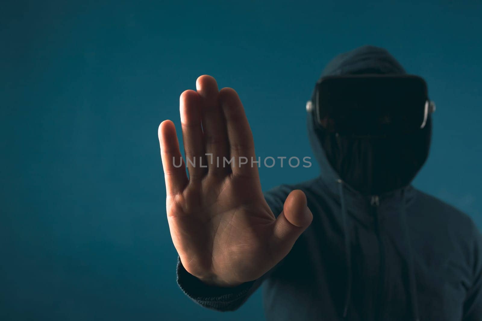 Metaverse digital cyber world technology. Man with VR glasses  playing AR augmented reality game and entertainment.NFT game futuristic lifestyle