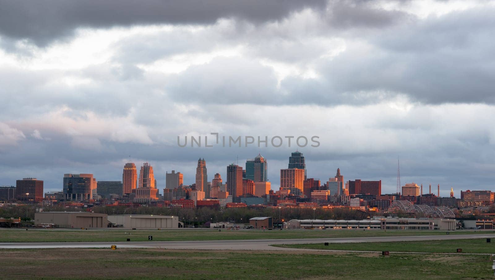 A rare view of downtown Kansas City lite up for just a moment by the setting sun