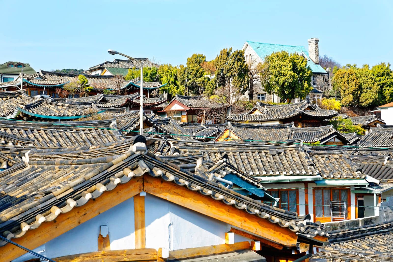 Traditional Korean style architecture at Bukchon Hanok Village in Seoul, South Korea.