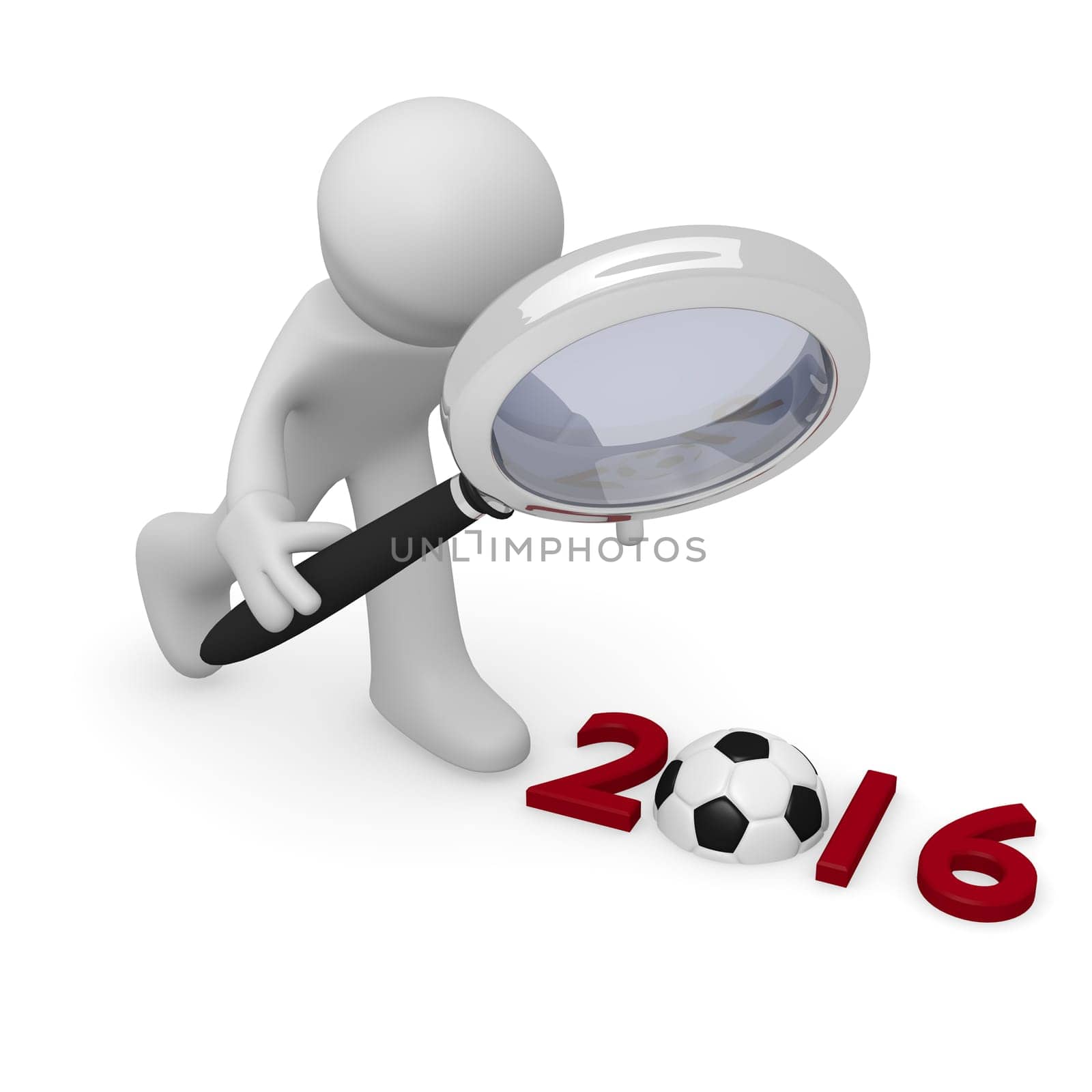 3d man with a magnifying glass and the Year 2016 with a soccer ball