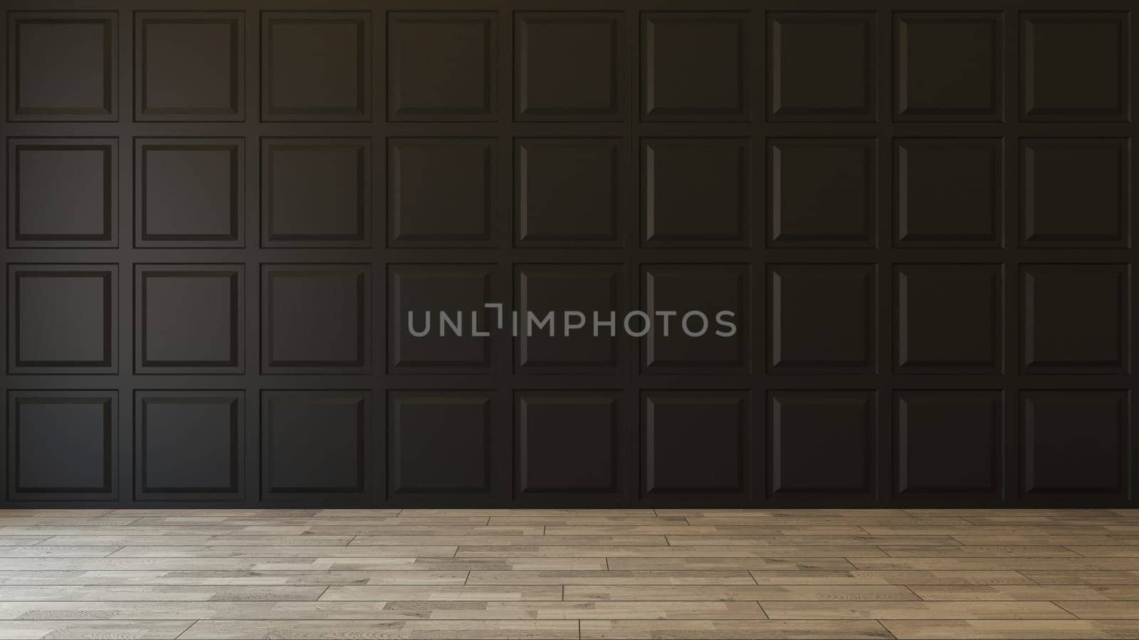 Black square decorative wall panels with wooden parquet empty room concept 3d illustration