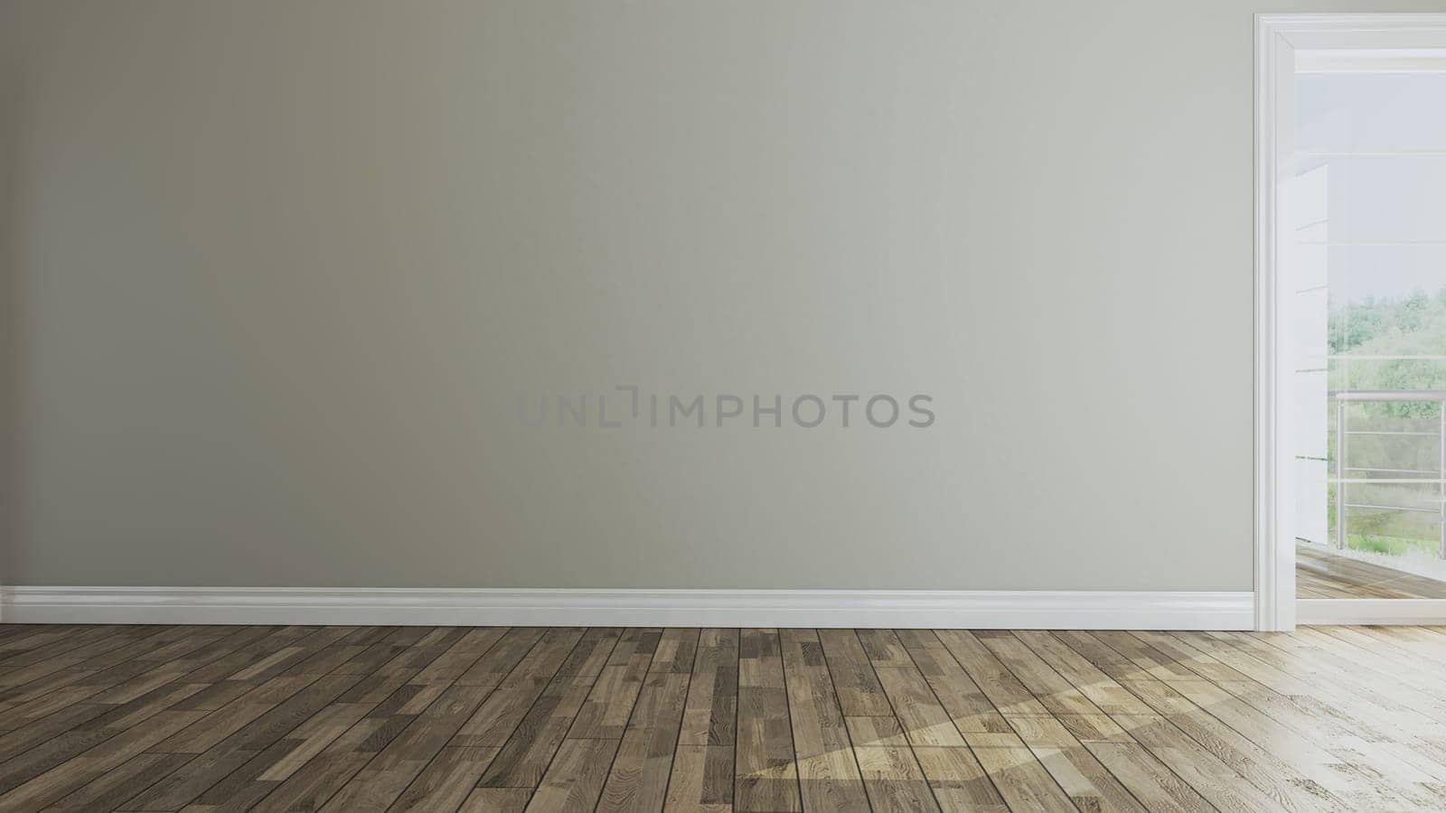 Empty room with balcony door and wooden parquet floor concept 3d rendering