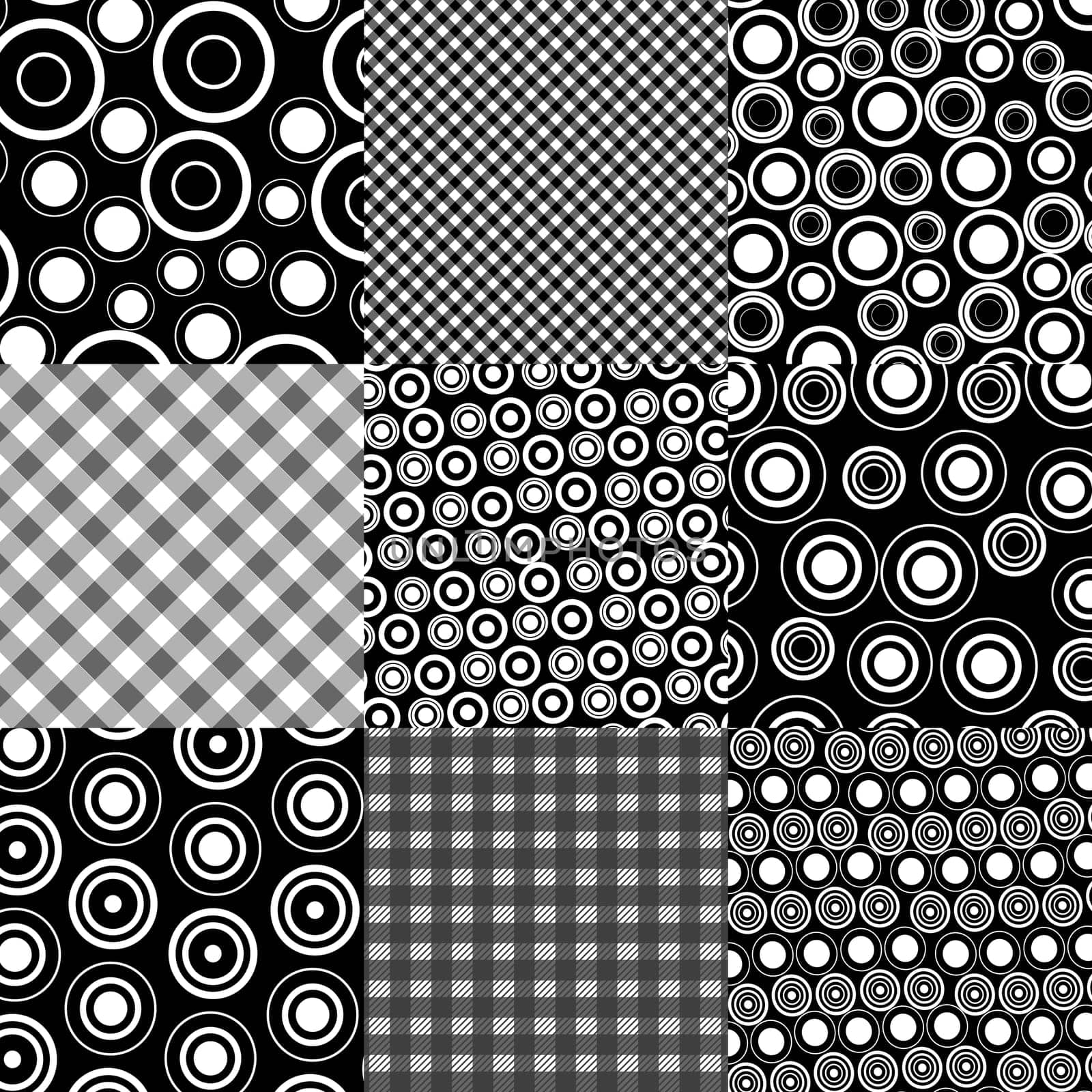 Collection of nine backgrounds with tablecloth print and circles print
