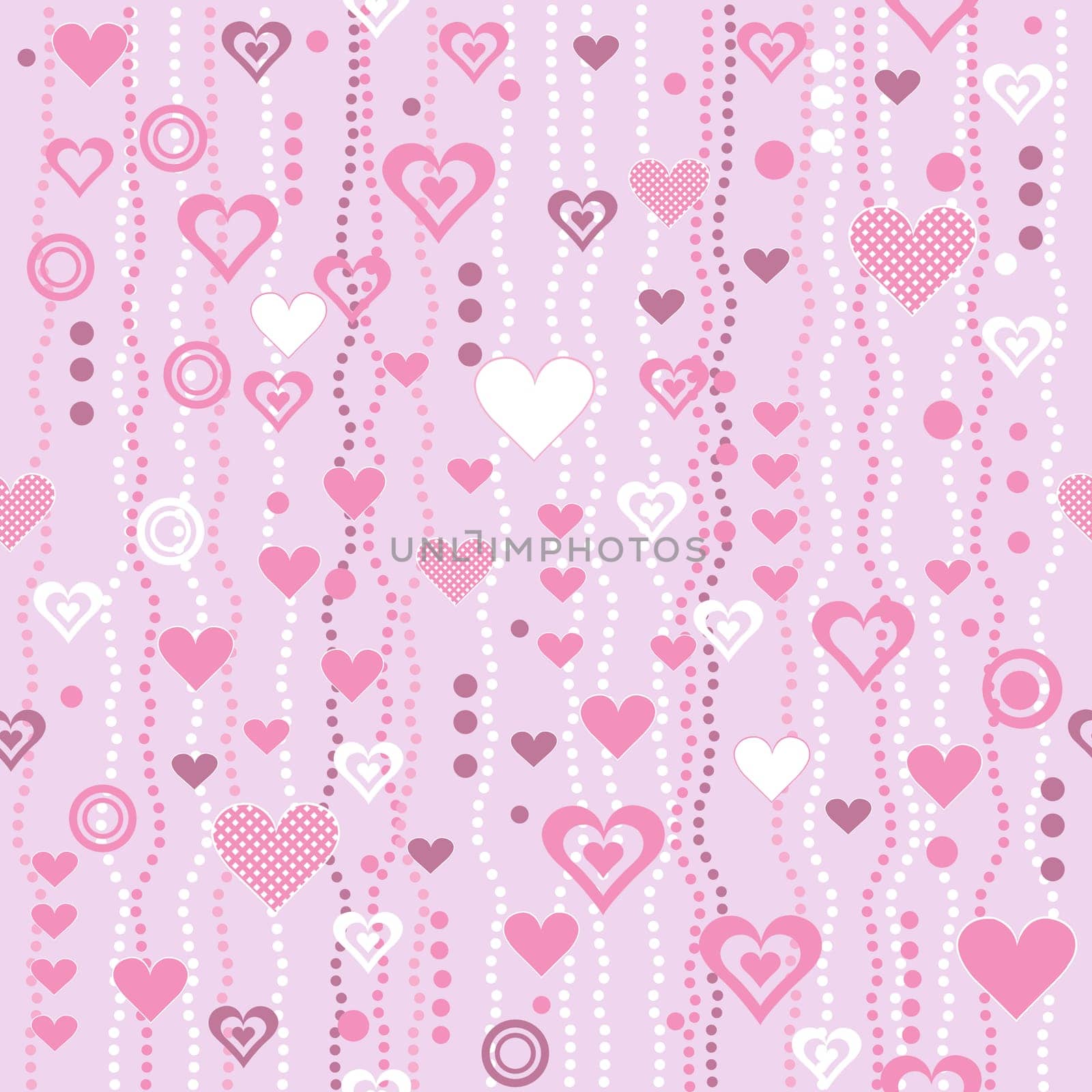 Valentines day seamless pattern with hearts, dots and circles on pink  background
