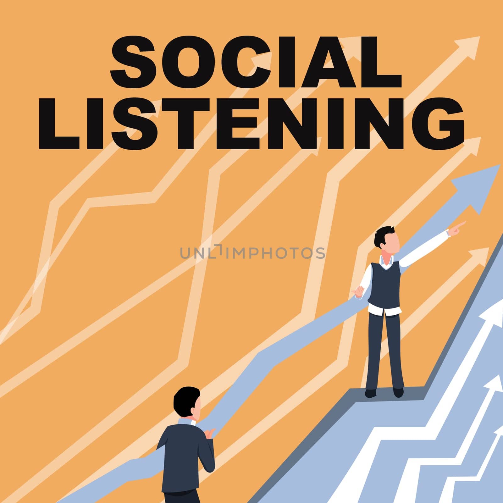 Sign displaying Social Listening. Business concept analyzing the conversations and trends of your product Arrows Guiding Two Collaborating Businessmen Towards Better Financial Plan.