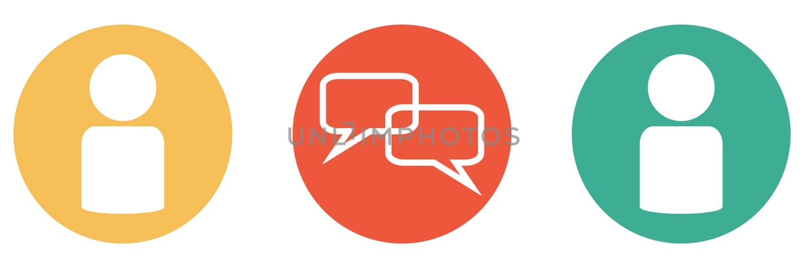 3 bunte Buttons in orange, rot und grün zeigen Kommunikation - Zwei Personen mit Sprechblasen