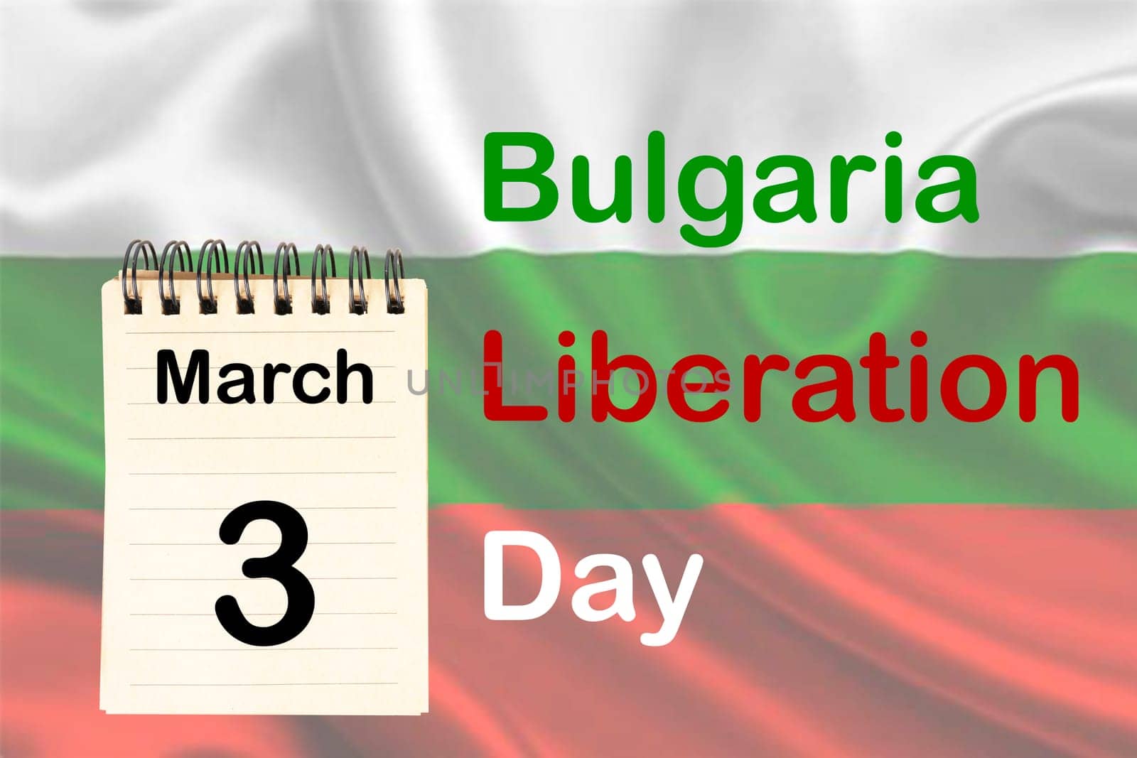 The celebration of the Bulgaria Liberation Day with the Bulgarian flag and the calendar indicating the March 3