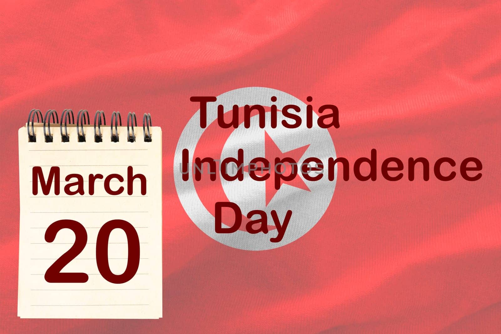 The celebration of the Tunisia Independence Day with the flag and the calendar indicating the March 20