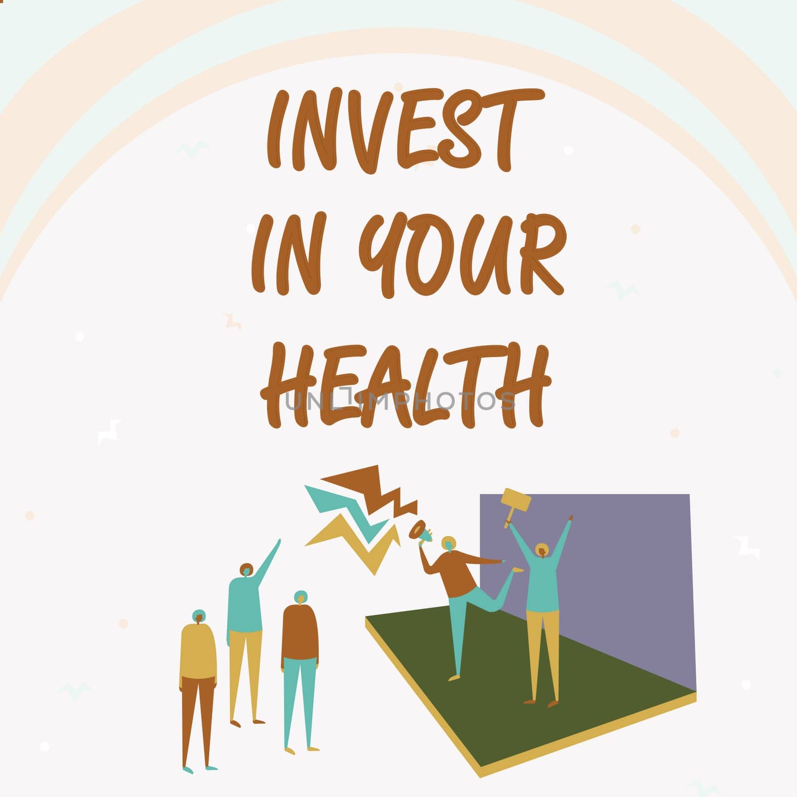 Conceptual caption Invest In Your Health. Conceptual photo Live a Healthy Lifestyle Quality Food for Wellness Illustration Of Couple On Stage Making Announcement To The Small Crowd.
