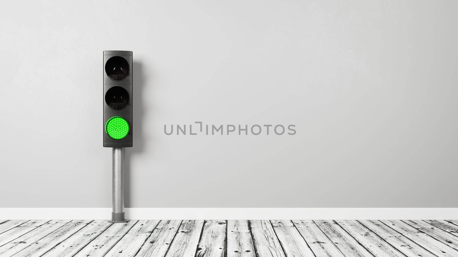 Green Traffic Light on Wooden Floor Against a Room Gray Wall with Copy Space 3D Render Illustration