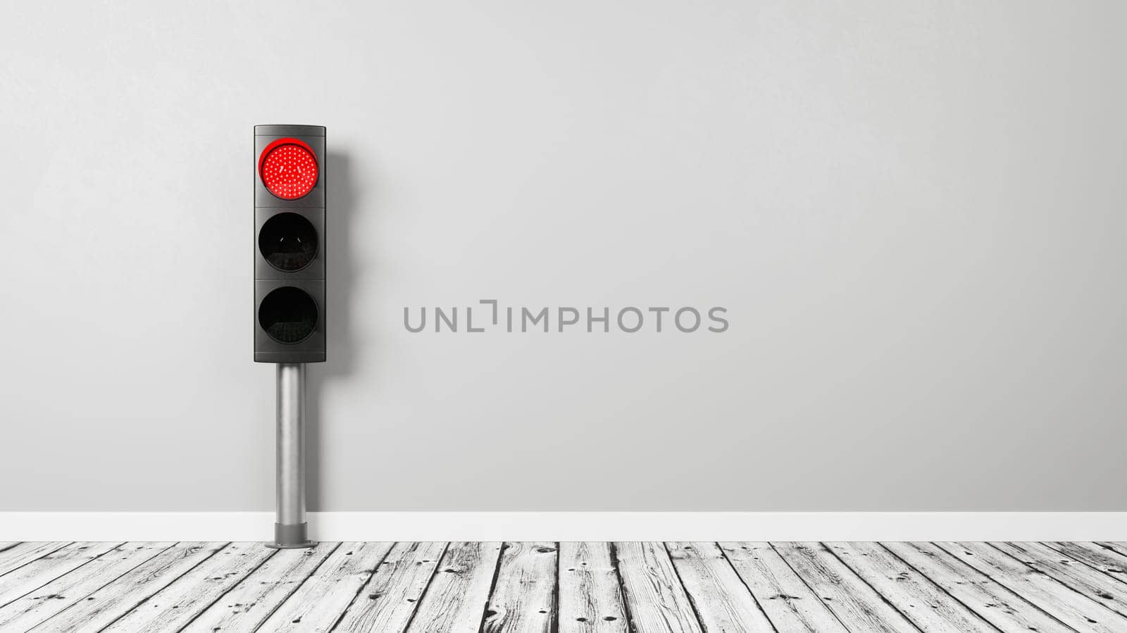 Red Traffic Light on Wooden Floor Against a Room Gray Wall with Copy Space 3D Render Illustration