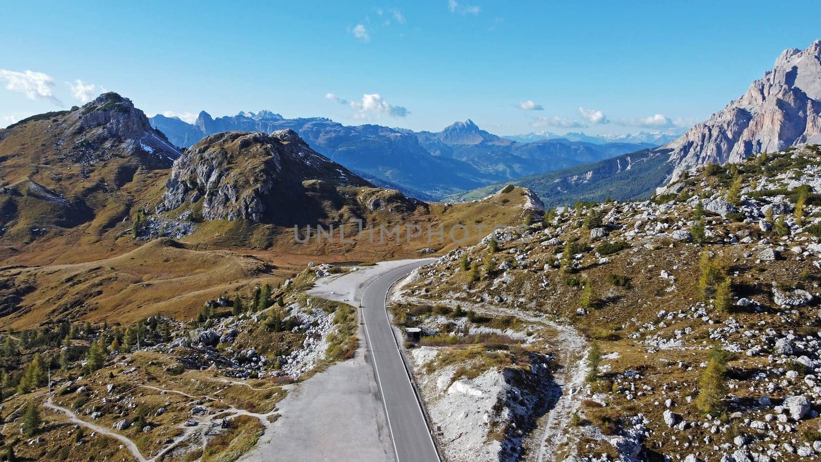 Aerial view with drone of road from Valparola Pass in South Tyrol, Italy