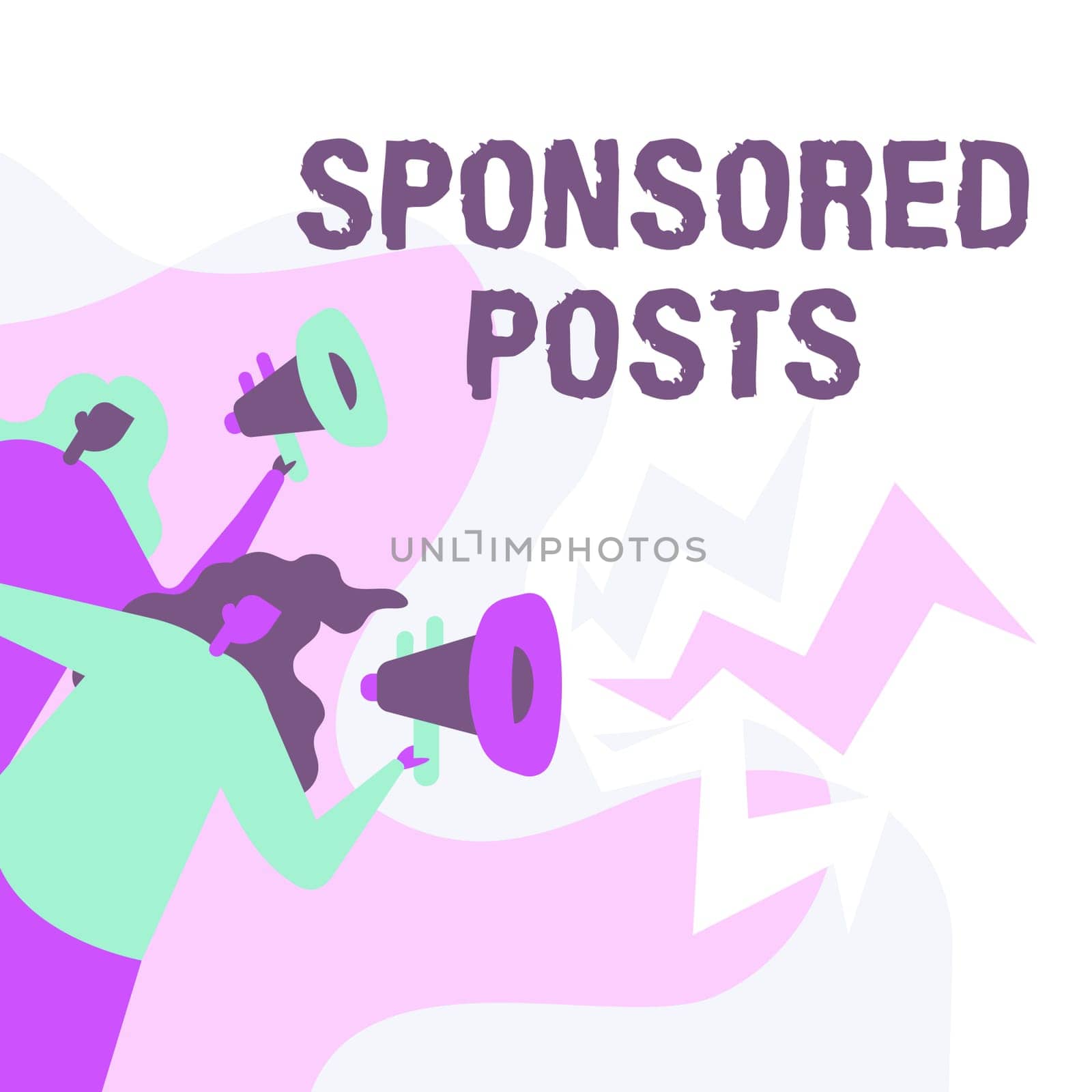 Text showing inspiration Sponsored Posts, Conceptual photo post that a business pays to distribute to a wider audiences Women Drawing Holding Megaphones Making Announcement To The Public.