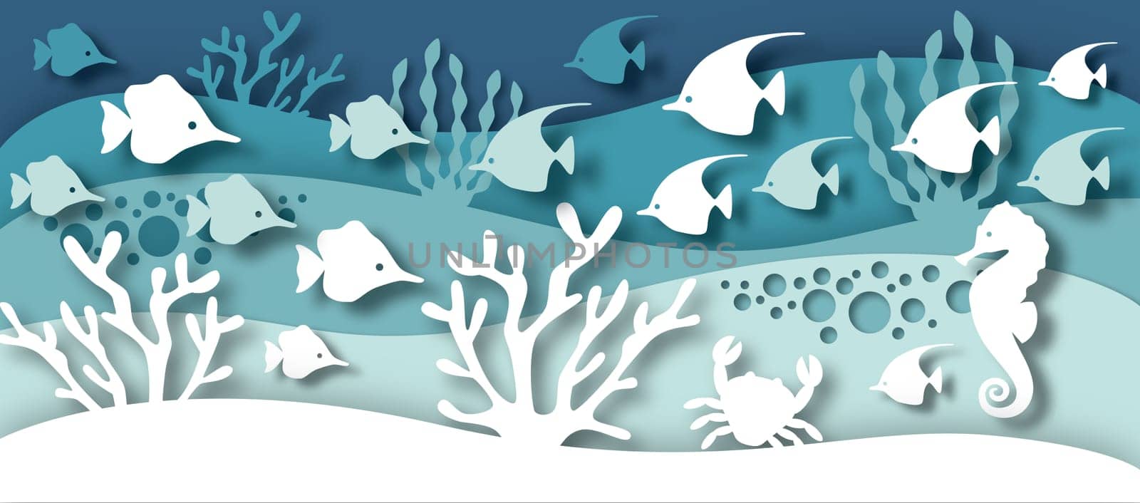 Paper cut marine life 3d illustration. Sea or ocean bottom with fish and coral image.