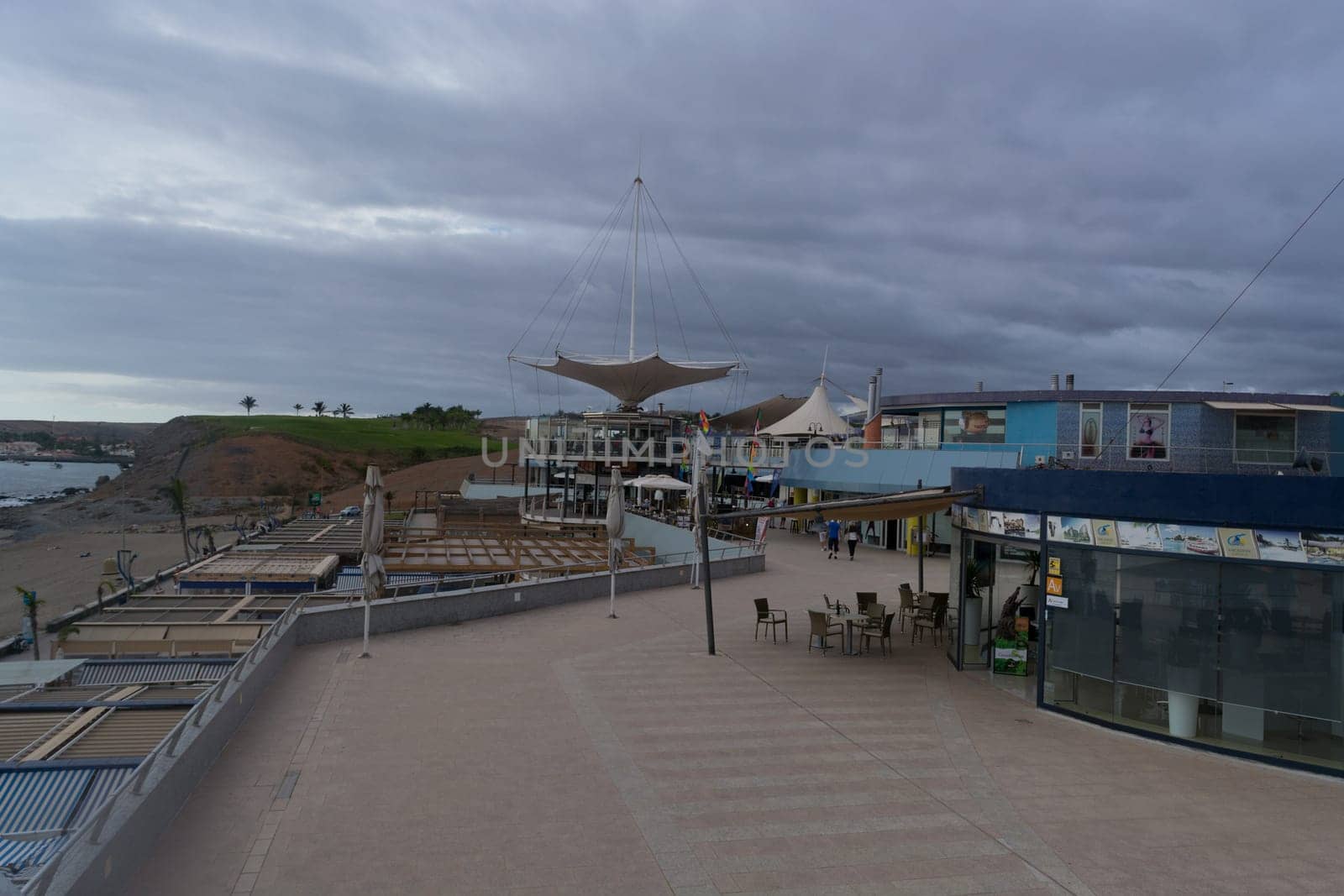 CRAN CANARIA, MELONERAS - NOVEMBER 14, 2019:.Bars and restaurants on the coast of Las Canteras beach in the city of Las Palmas