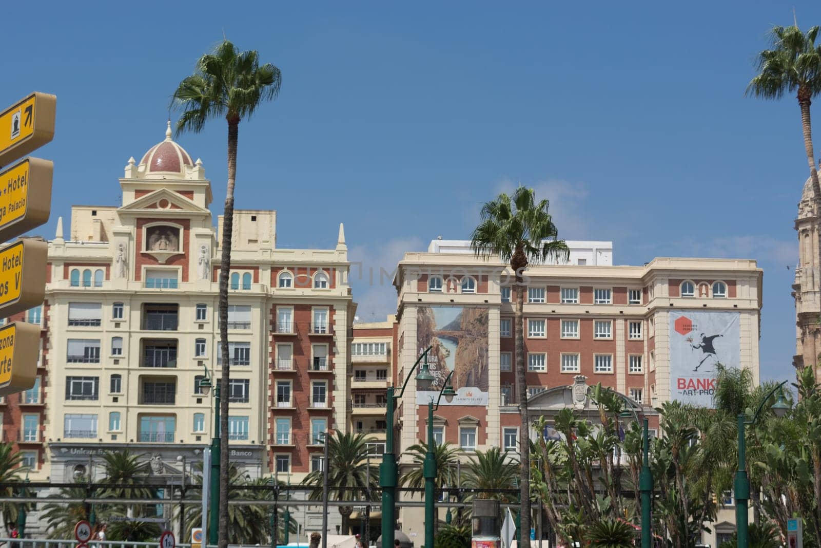 MALAGA, COSTA DEL SOL, SPAIN - AUGUST 29, 2019:.Fountain and Plaza de la Marina, Málaga, Andalusia, Spain, Europe