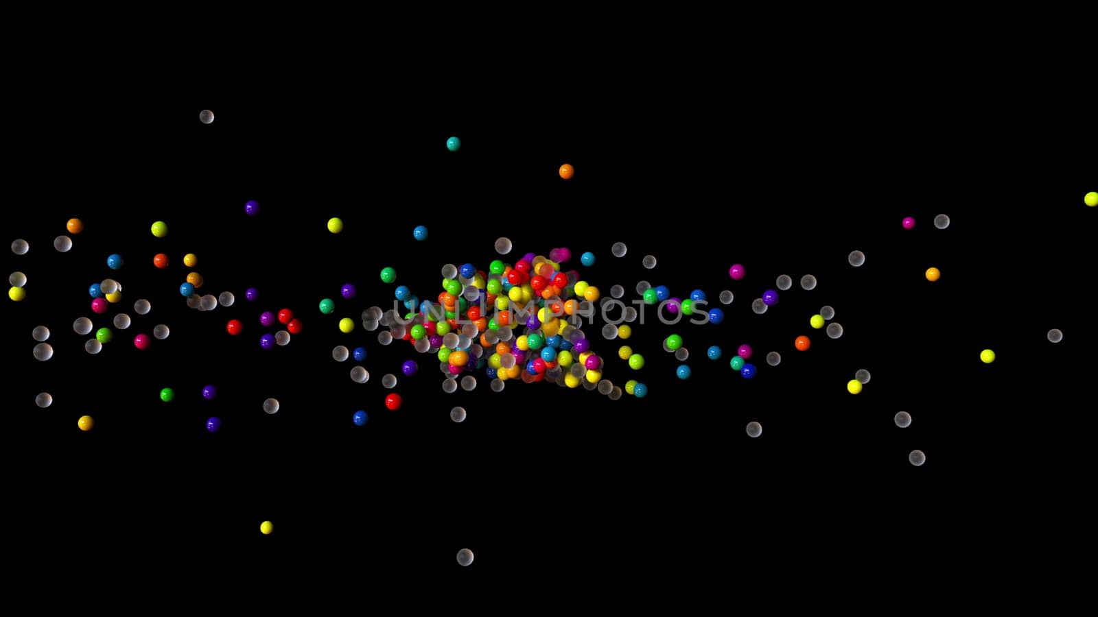 Colorful clusters of balls flying in 3d render space. Round objects in trendy colors for bright digital interiors and presentations. Futuristic clouds of molecules with glossy and matte effect.