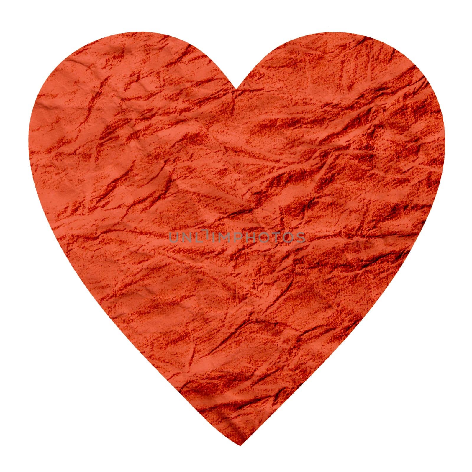 A crumpled red paper heart isolated on a white background. To insert into the work.
