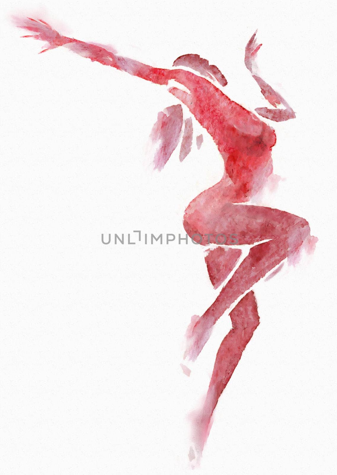 Watercolor illustration of a female naked modern dancer.