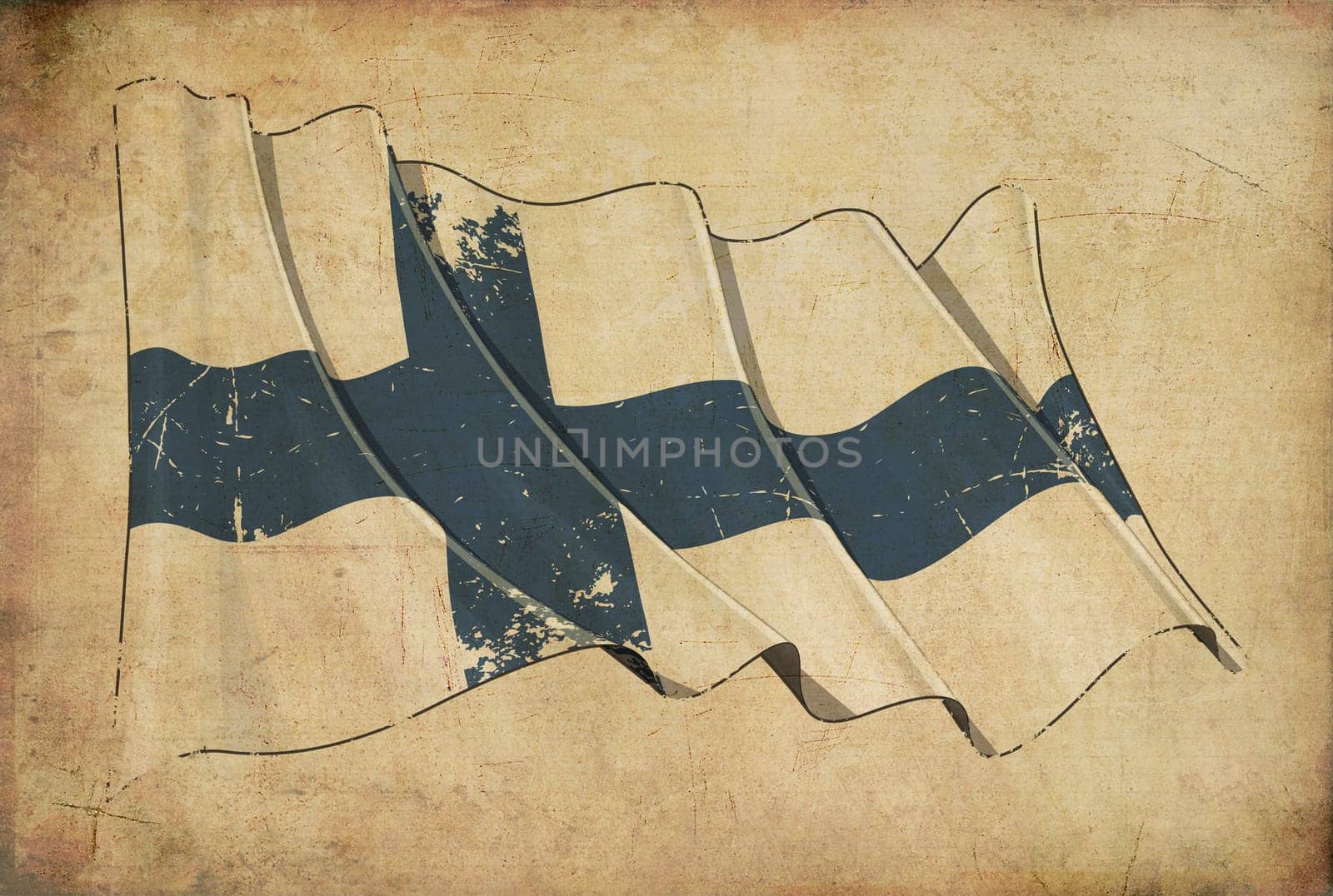 Wallpaper depicting an aged paper, textured background with a scratched illustration of the flag of Finland
