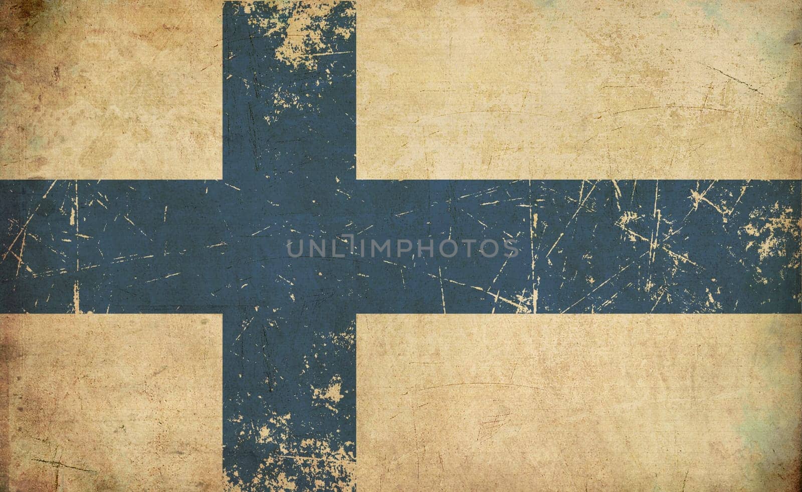 Grunge Background, Illustration of a rusty, scratched, sepia, aged Finnish flag.