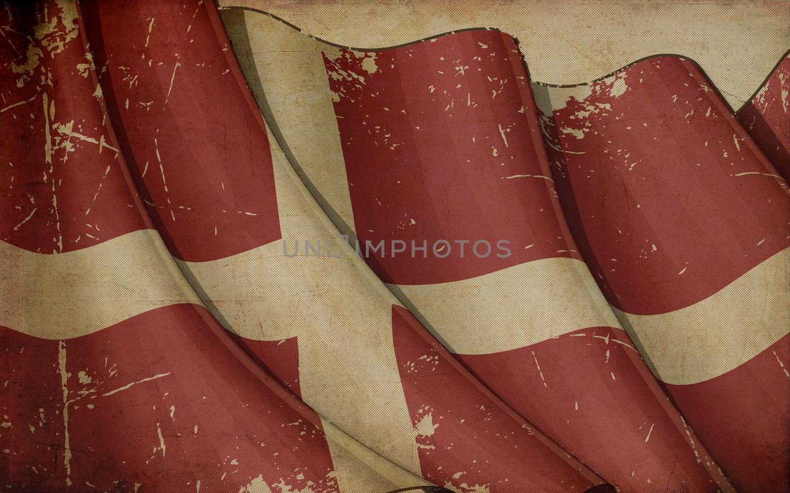 Illustration of an Old, Scratched, Rusty Flag of Denmark printed on old paper