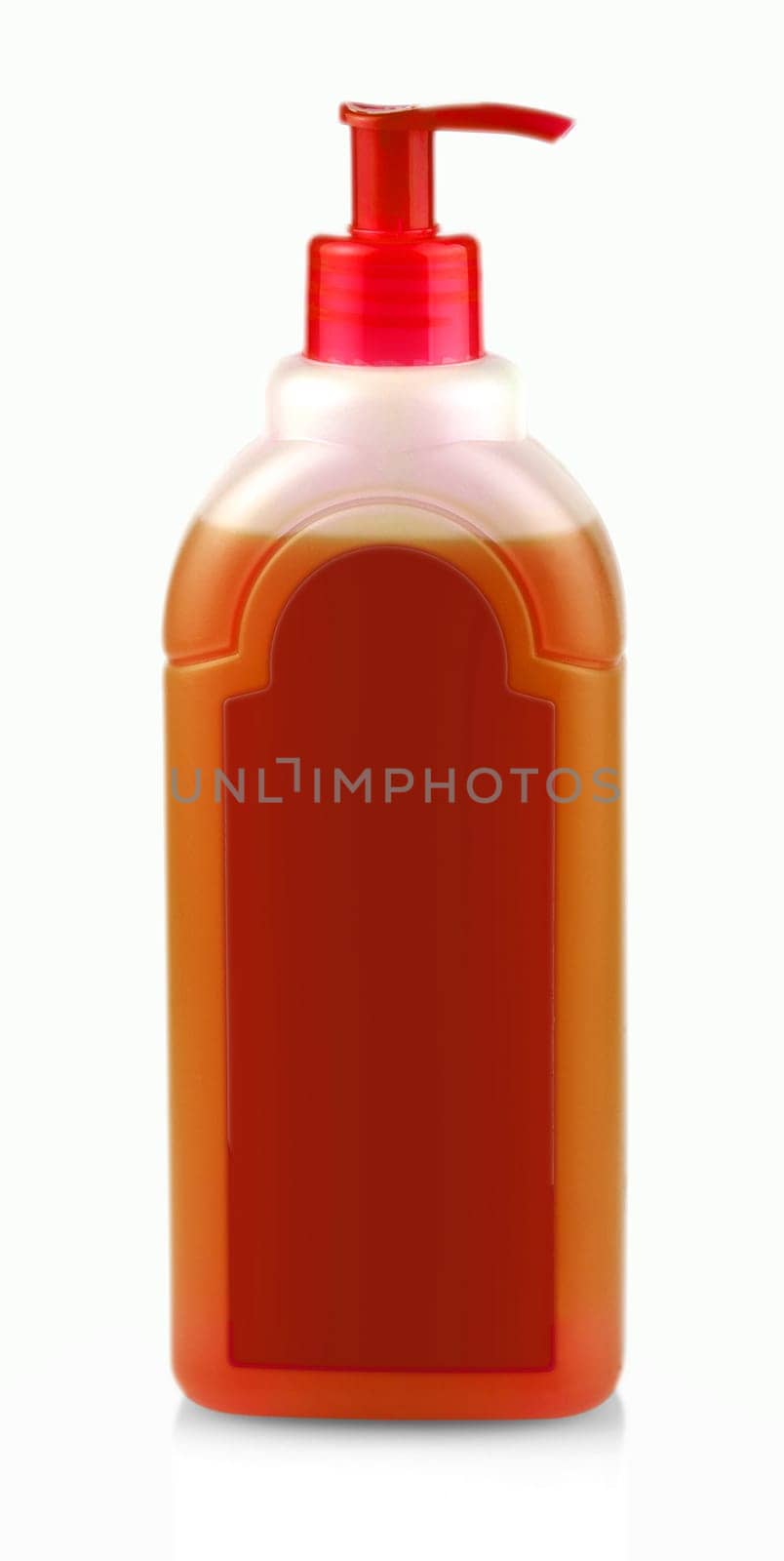 The red bottle with shampoo with dispenser on white background