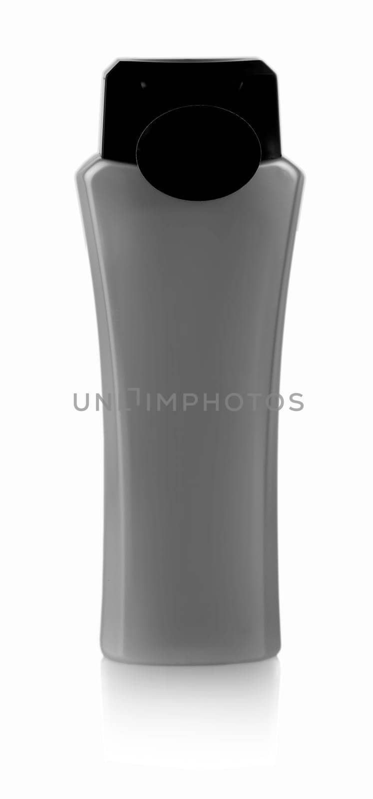 The black plastic bottle with shower gel on white background