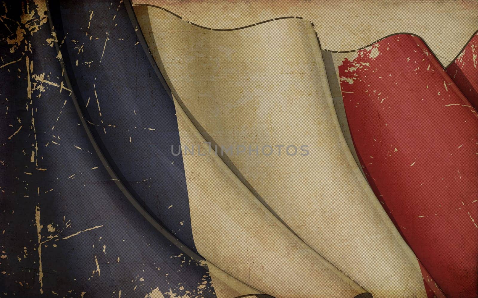 Illustration of a rusty French flag printed on old paper.