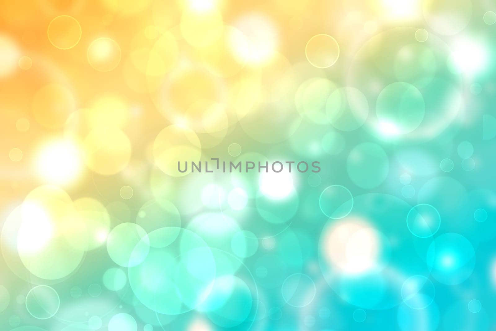 Abstract gradient light blue turquoise yellow green shiny blurred background texture with circular bokeh lights. Beautiful fresh backdrop. Space for design.