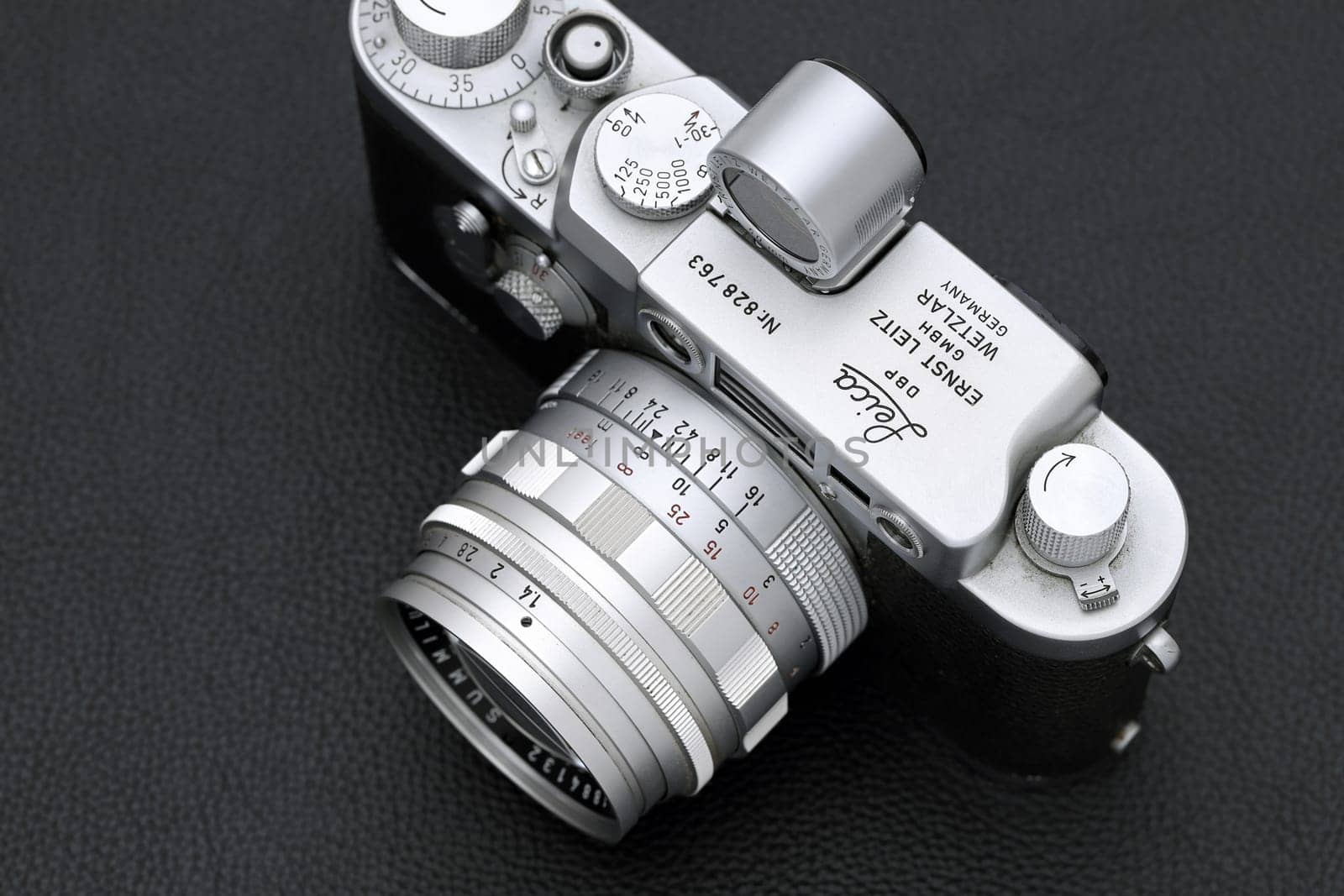 Kagawa, Japan - February 27, 2022: Leica ⅢG rangefinder camera with Leitz 50mm f1.4 Summilux L-mount lens. Vintage collectible classic lens concept.