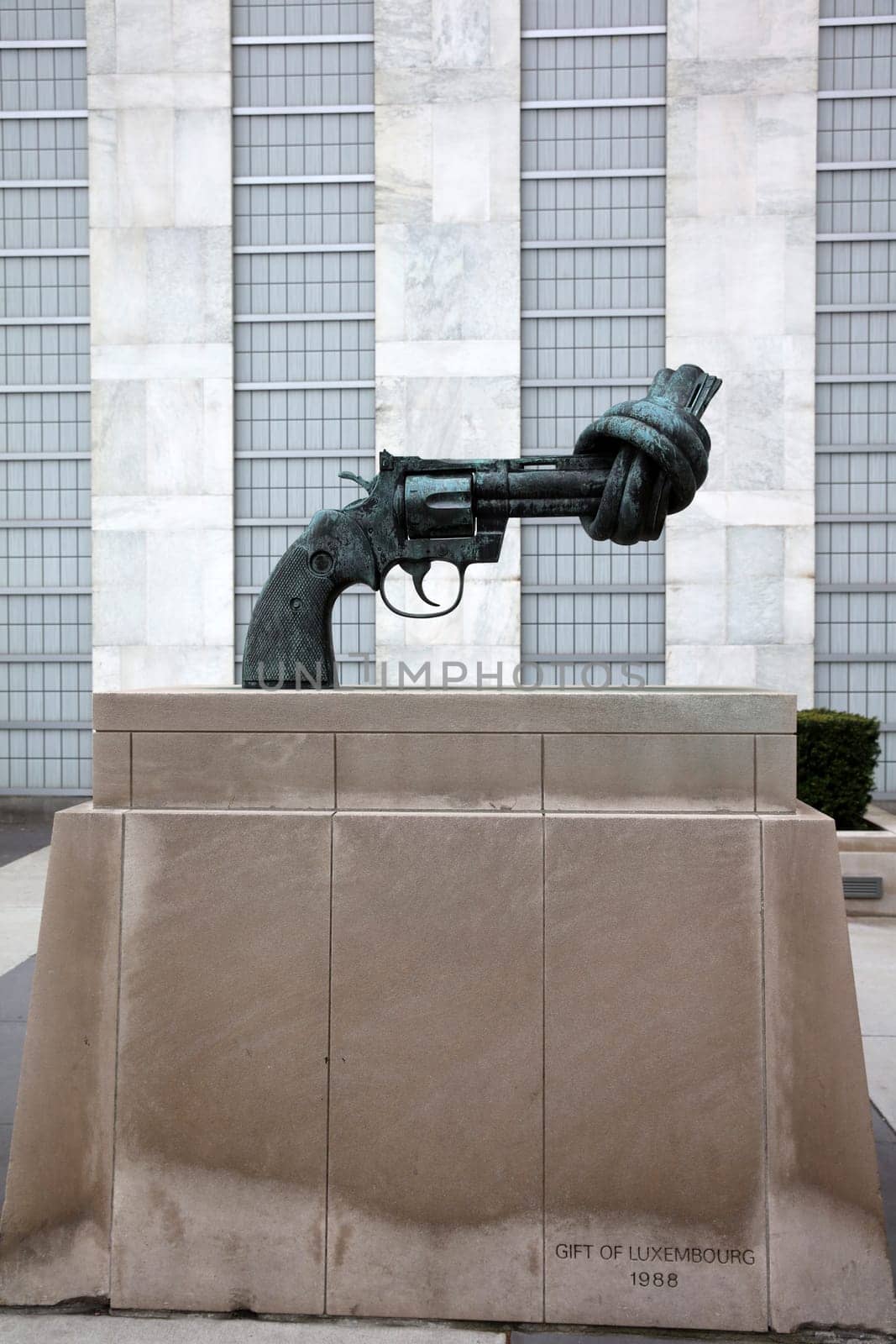 Non-Violence Sculpture (The Knotted Gun) at United Nations Headquarters in New York City. USA
