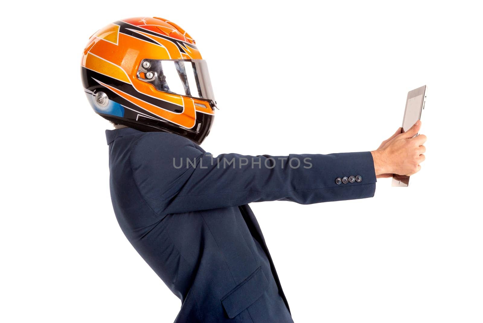 Businessman with pilot goggles, helmet and tablet isolated in white