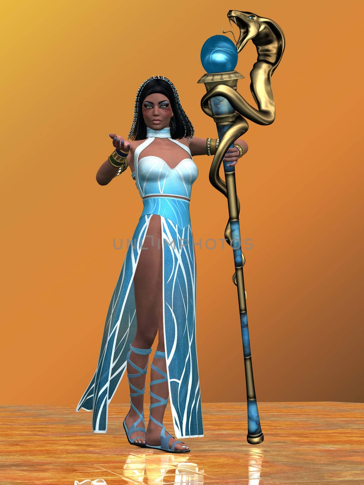An Egyptian queen in a blue gown stands with a snake staff representing the Blue Nile river.
