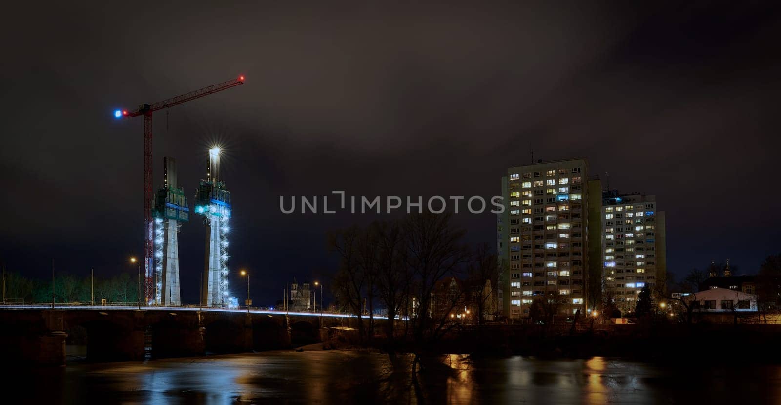 Construction site of the new pylon bridge, the new landmark of the city, over the river Elbe in Magdeburg