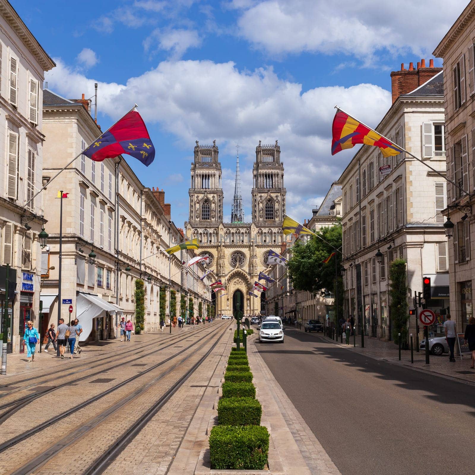 Orléans, France - July 20 2017 - Street and Sainte-Croix Cathedral in Orléans