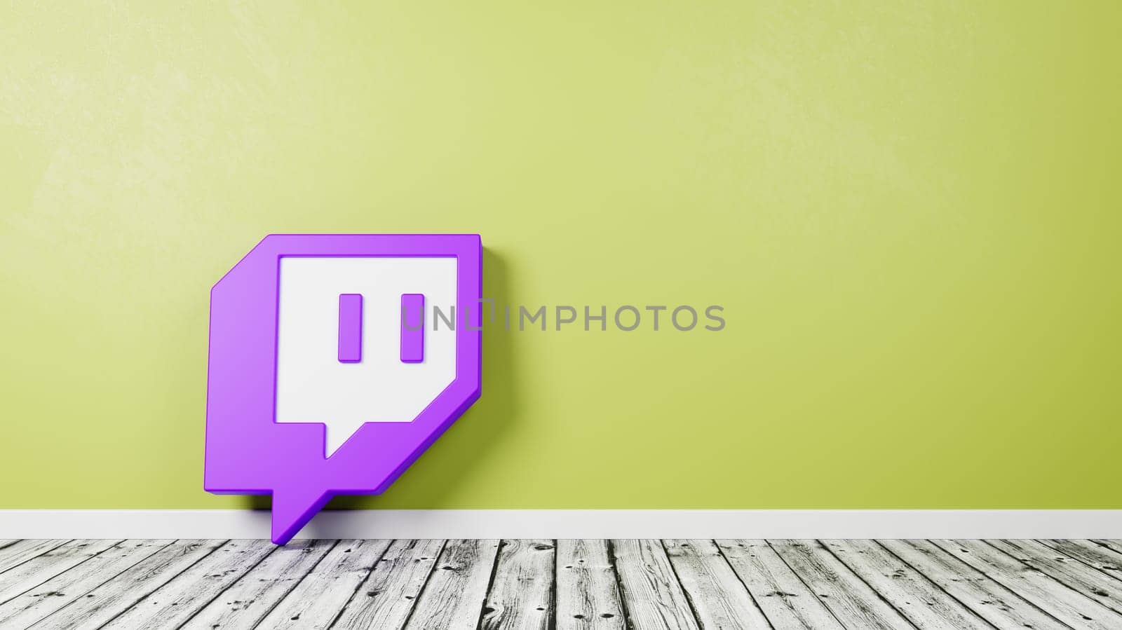 Twitch Logo 3D Symbol Shape on Wooden Floor Against Yellow Wall with Copy Space 3D Render Illustration