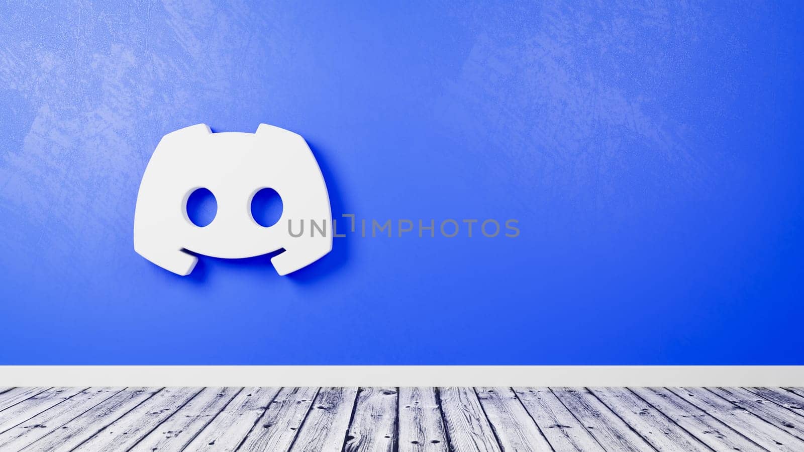 White Discord Logo 3D Symbol Shape on Wooden Floor Against Blue Wall with Copy Space 3D Render Illustration
