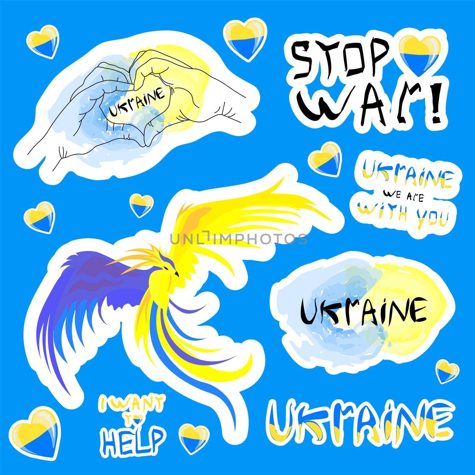 Stay with Ukraine. Vector stickers in support of Ukraine. yellow-blue heart, t-shirt print. the concept of stop the war.