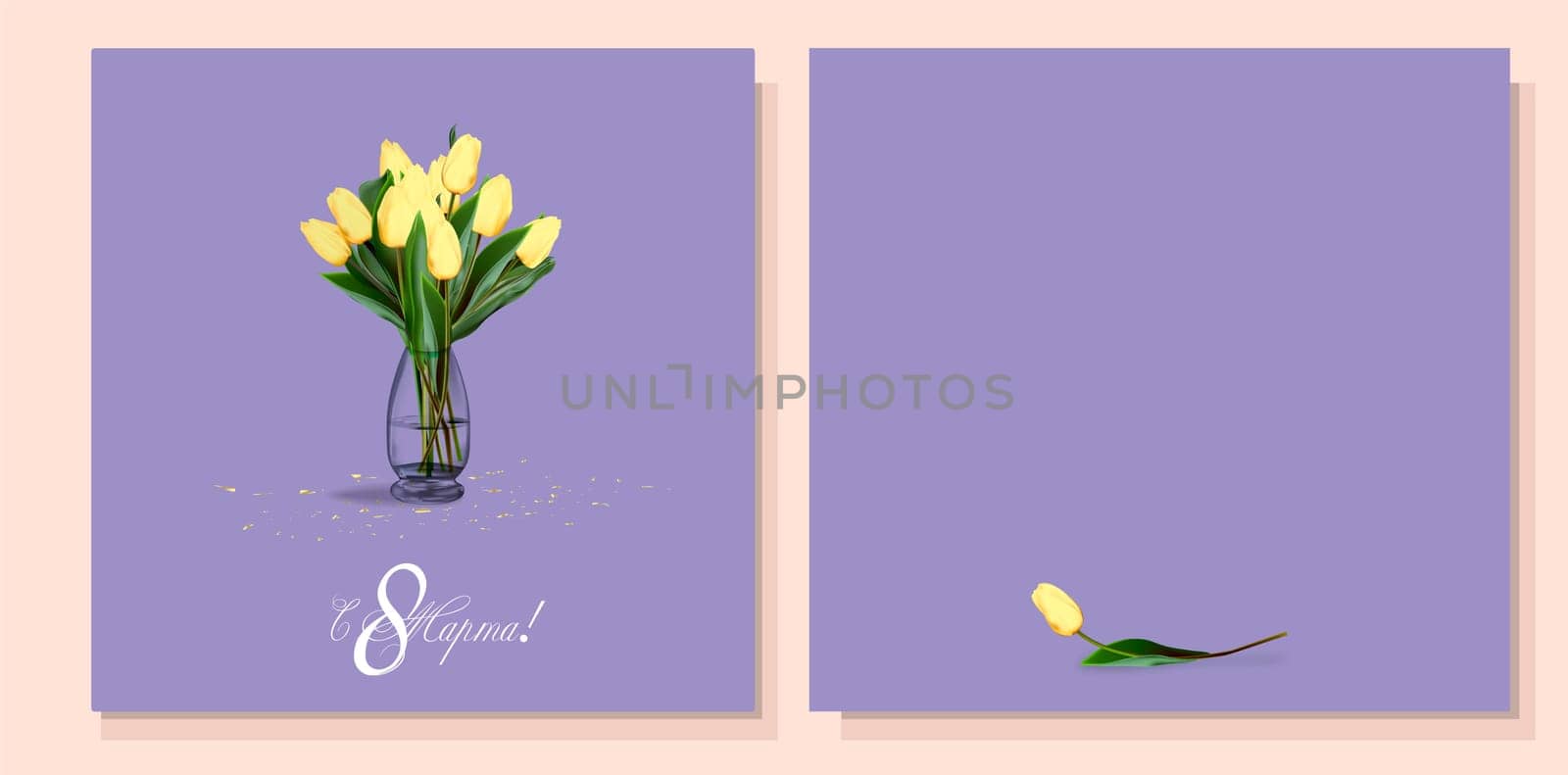 Mothers day congratulatory flyer. Modern digital greeting card. Inscription in Russian: from 8 March. Greeting card design. International womens day banner. Spring bouquet. MARCH 8 IN RUSSIAN.