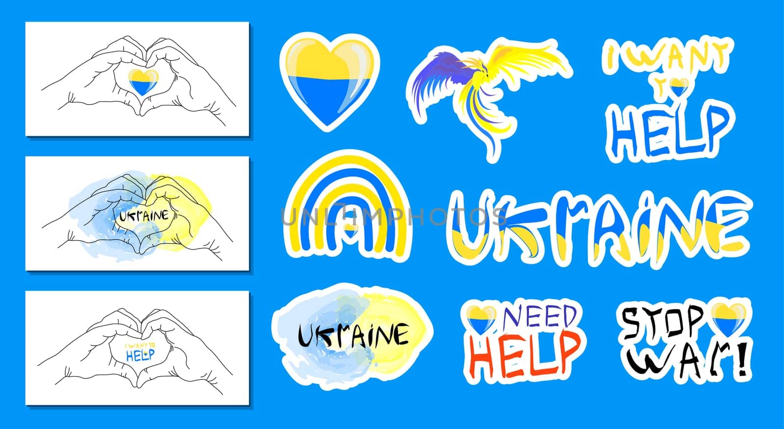 Stay with Ukraine. Vector stickers in support of Ukraine. yellow-blue heart, t-shirt print. the concept of stop the war