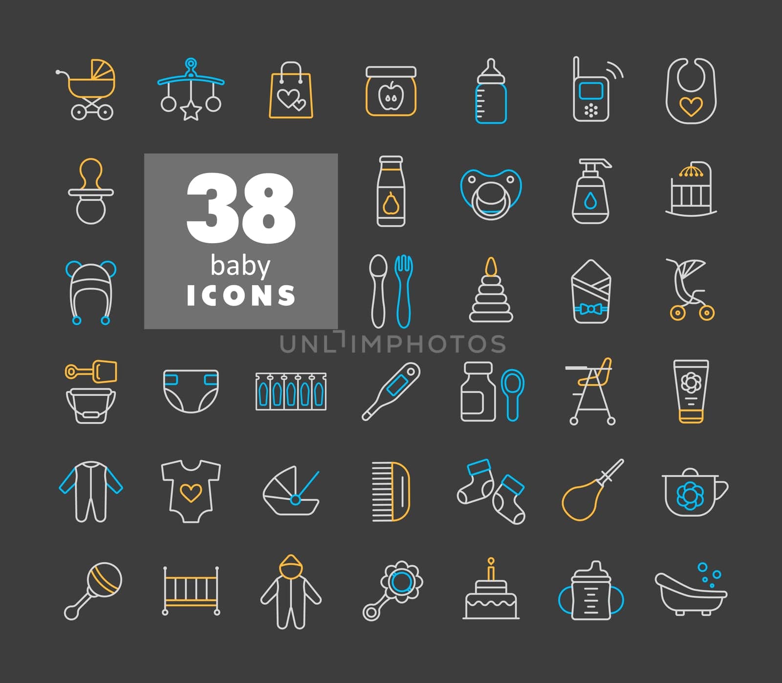 Baby, feeding and care icons set. Graph symbol for children and newborn babies web site and apps design, logo, app, UI
